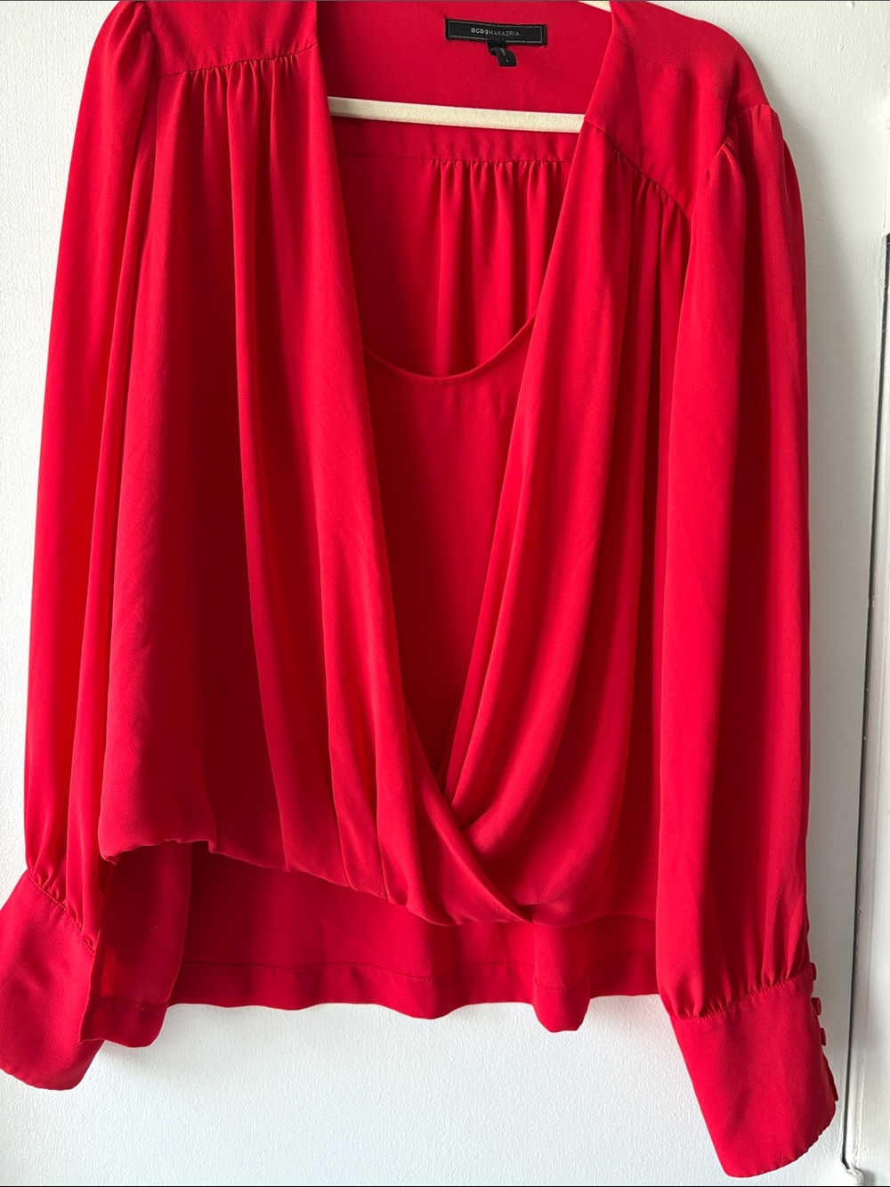 BCBGMaxAzria Vibrant Red Draped V-Neck Blouse